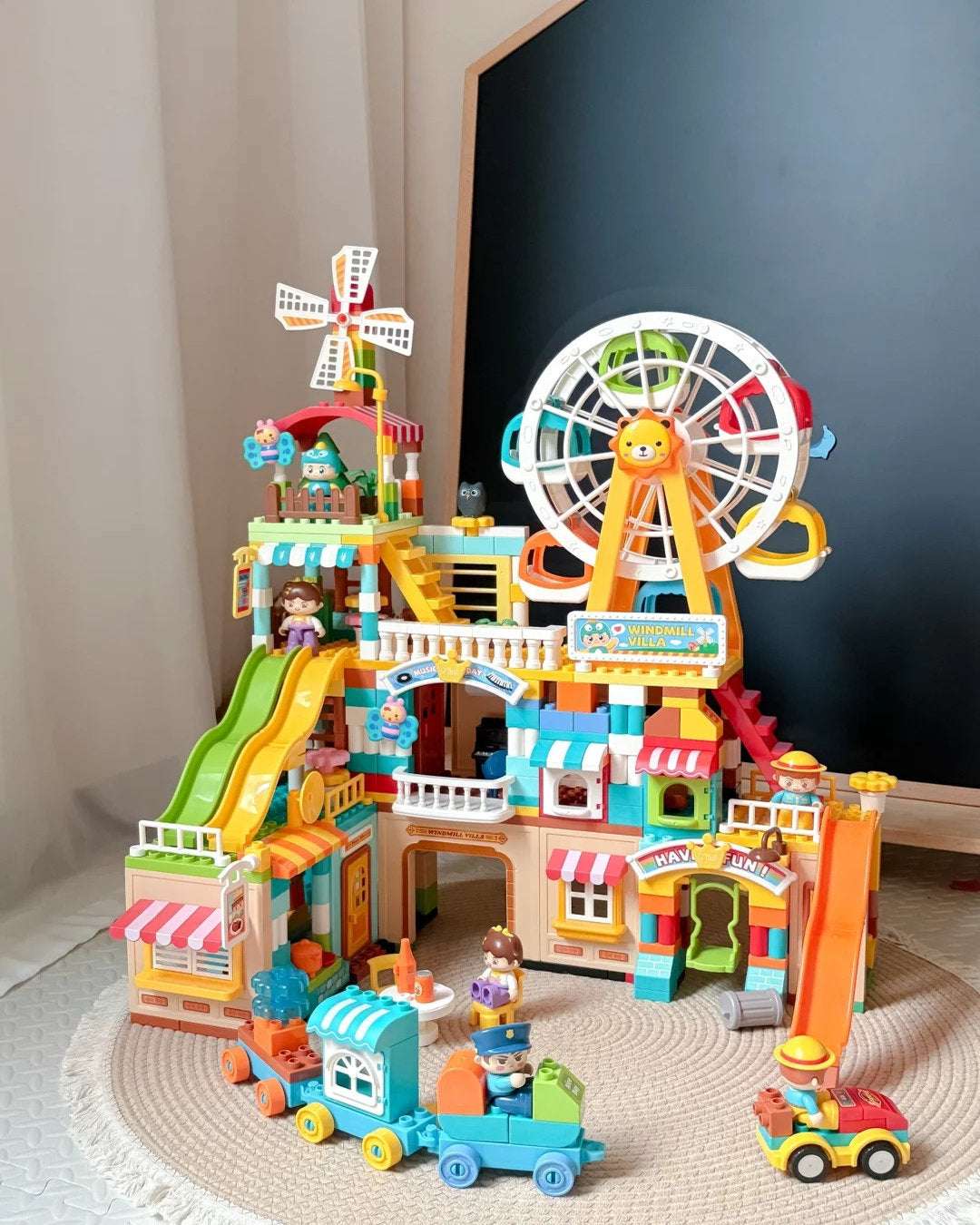 Colorful Villa & Ferris Wheel Playset with Train and Slide